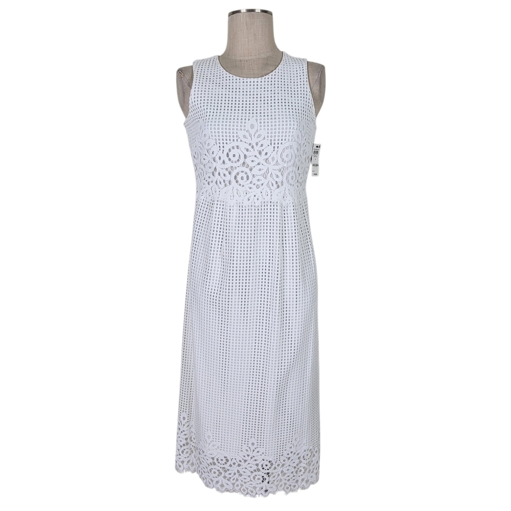 Alfani Lace Midi Dress 8 White A Line Sleeveless Fringe Trim Mothers Day New - Picture 2 of 13